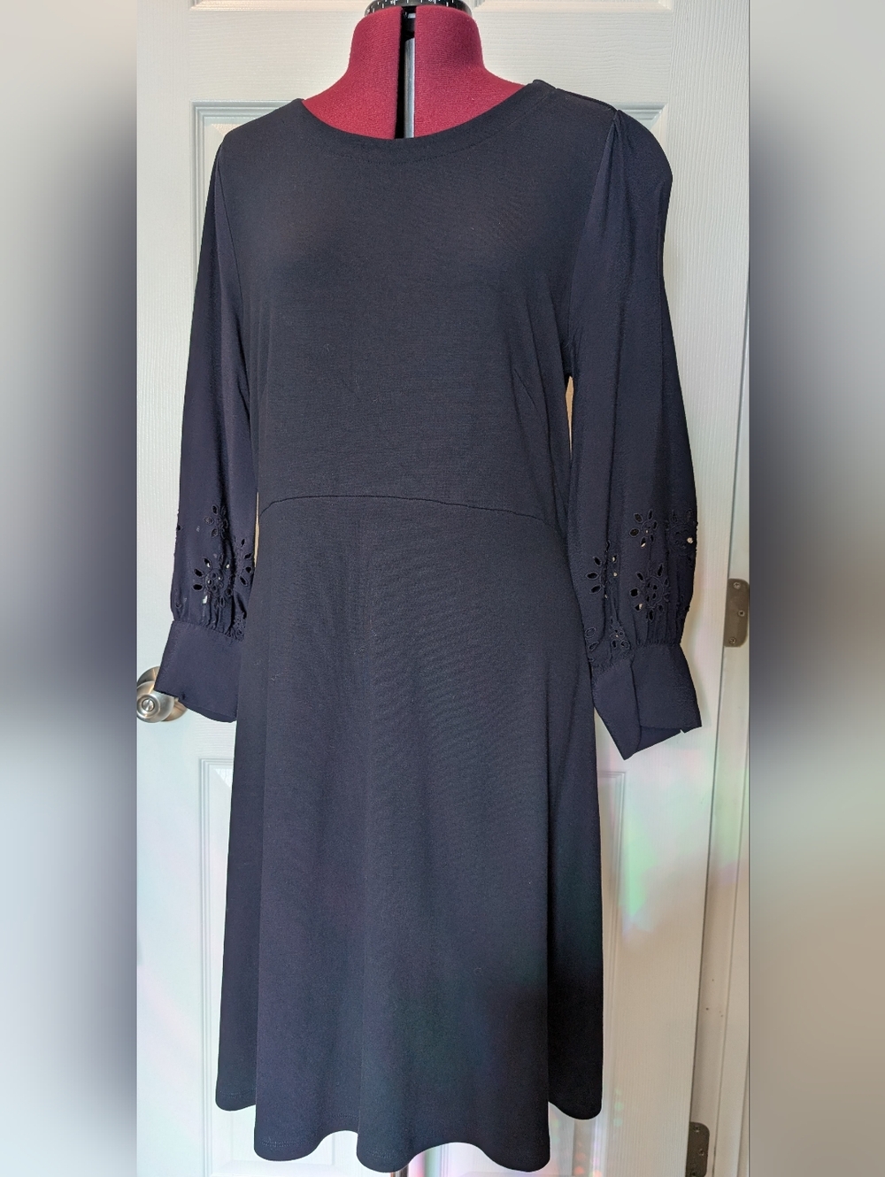 Ann Taylor LOFT Navy Blue Al-Line Dress Puffy Eyelet Sleeves, Size 14